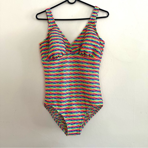 Vintage 90s One Piece Swimsuit Fluorescent Neon Size L/XL Stripes Textured - Picture 2 of 12